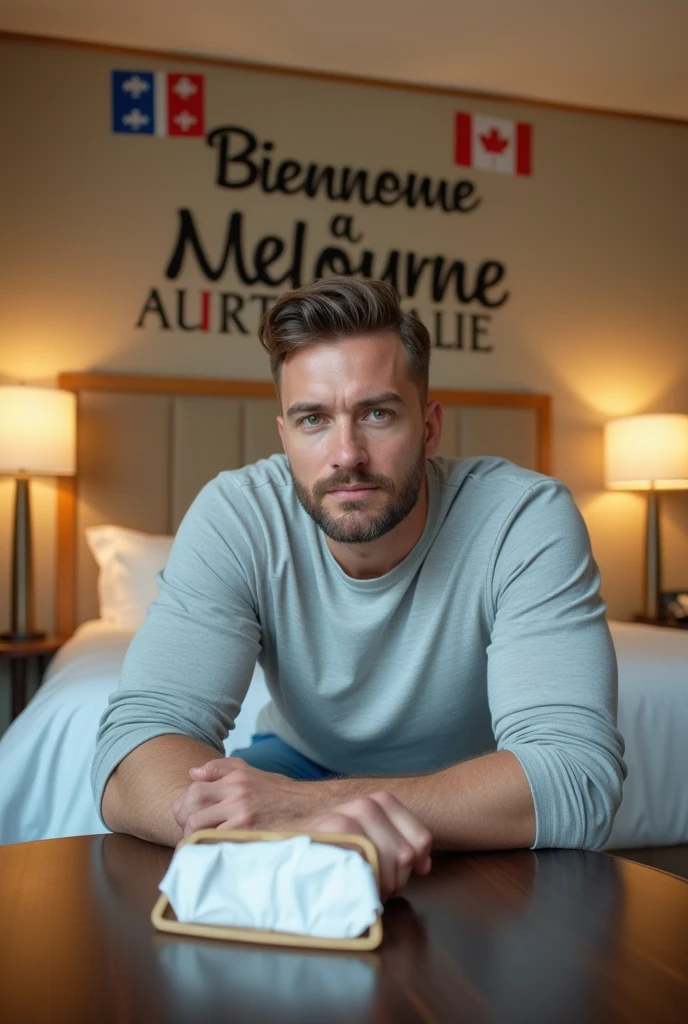Homme caucasien grand de taille, charmant, un peu costaud, habillé en pantalon et tee-shirt manche longue, assis ou adossé sur une table dans une grande chambre d'hôtel et sur la table sur laquelle est assis ou adossé le charmant homme il faut qu'il y ait un papier mouchoir déjà utilisé sur la table et sur le lit de l'hôtel qu'il soit déposer un cadre photo grand ou moyen qu'il est possible de faire arrêter sur le lit et faire face à la caméra et sur le mur du chevet du lit un tableau sur lequel il est écrit en français : Bienvenue à Melbourne AUSTRALIE et autour de la phrase qu'il y ait les emblèmes du Canada Québec ou le drapeau du Canada Québec