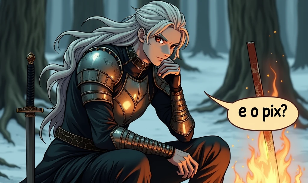 Male character, pale grey skin color, sephiroth hair, wearing silver armor with black details on the fabric, sitting on a tree trunk, in front of a bonfire, dark tundra forest background, night, low lighting, black eye color, two katanas leaning against the tree trunk, moonlight, looking at the center of the image, text bubble next to the face saying "e o pix?", funny face, moonlight, drawing art, anime design, rusty sword stuck in the center of the bonfire