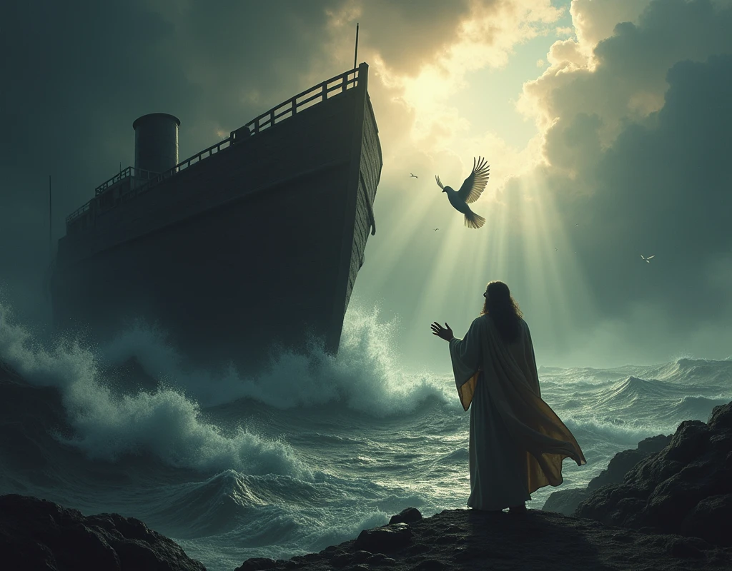 Noah releasing a dove through the window of the ark during the flood 
