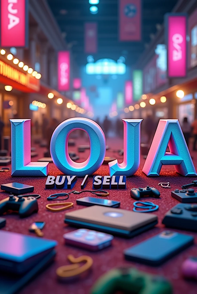 An image with a purchase and sale motive with various general consumer and technology items, also containing the word "LOJA" and below in smaller letters the word "BUY / SELL"