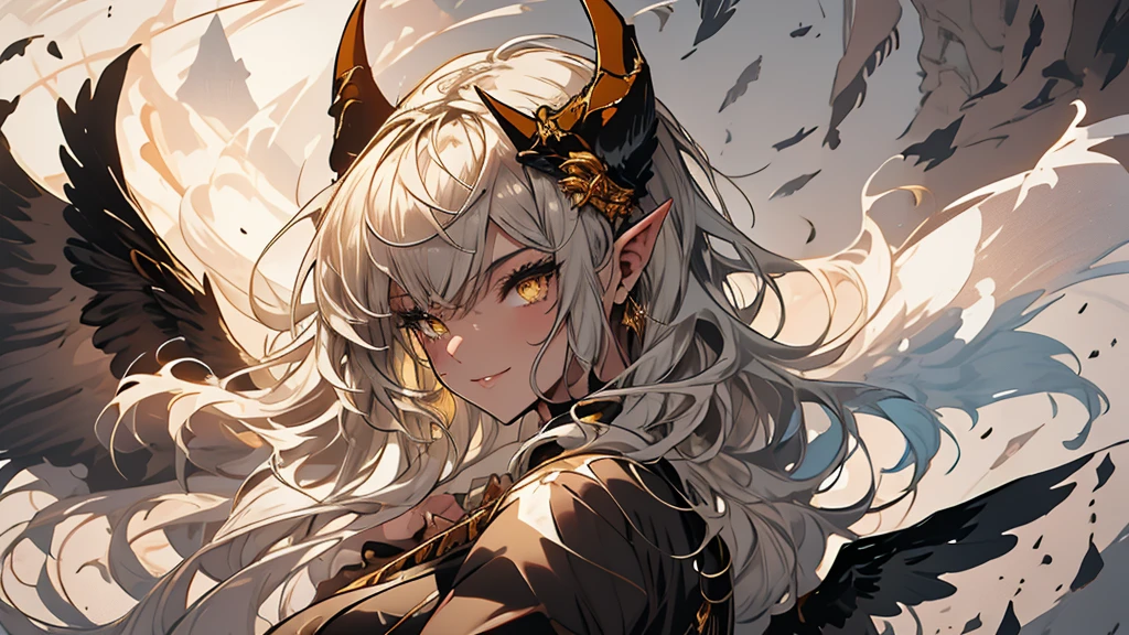 High Resolution, Masterpiece, High Quality, High Definition, Focus on the Face of One Young Woman, a Human Figure, Overlooking a Large Forest from the Back, Mountain Landscape, Forest, Nature, River, long white wavy hair, high-resolution yellow eyes, pointy ears, grey skin color, black horns with gold ornaments, black wings, black dress with gold ornaments, seductive smile,