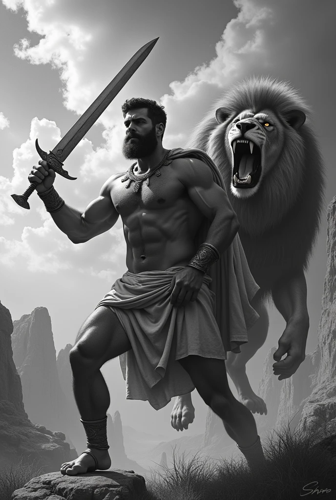 create a high definition monochrome image of a greek warrior in attack position, strong, bearded, muscular with a toga with a sword in one hand facing forward and a giant furious lion in the background attacking him, a valley as a background landscape and a cloudy sky, 4k, high definition