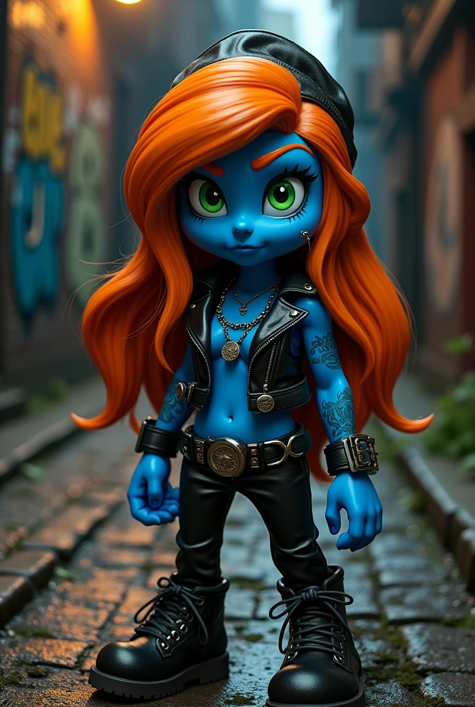 an adult Smurfette with green eyes and long orange hair, with orange eyebrow, septum and eyebrow piercing, tattooed, mafia