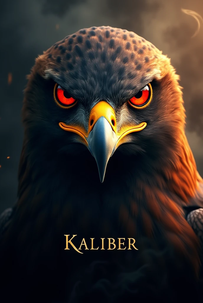 The face of a red eyed hawk with smoke behind and with the word kaliber below it