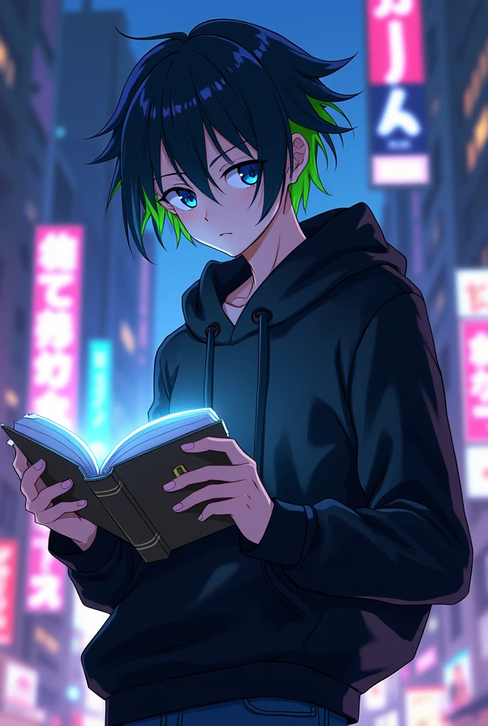 Generate a anime art of souske hibari, a highly intelligent ager with black hoodie, blue jeans and a book. He has a lazy expression with blue eyes. He had raven hair with neon green undertones
He is the son of ragyo kiryuuin
(From kill la kill)