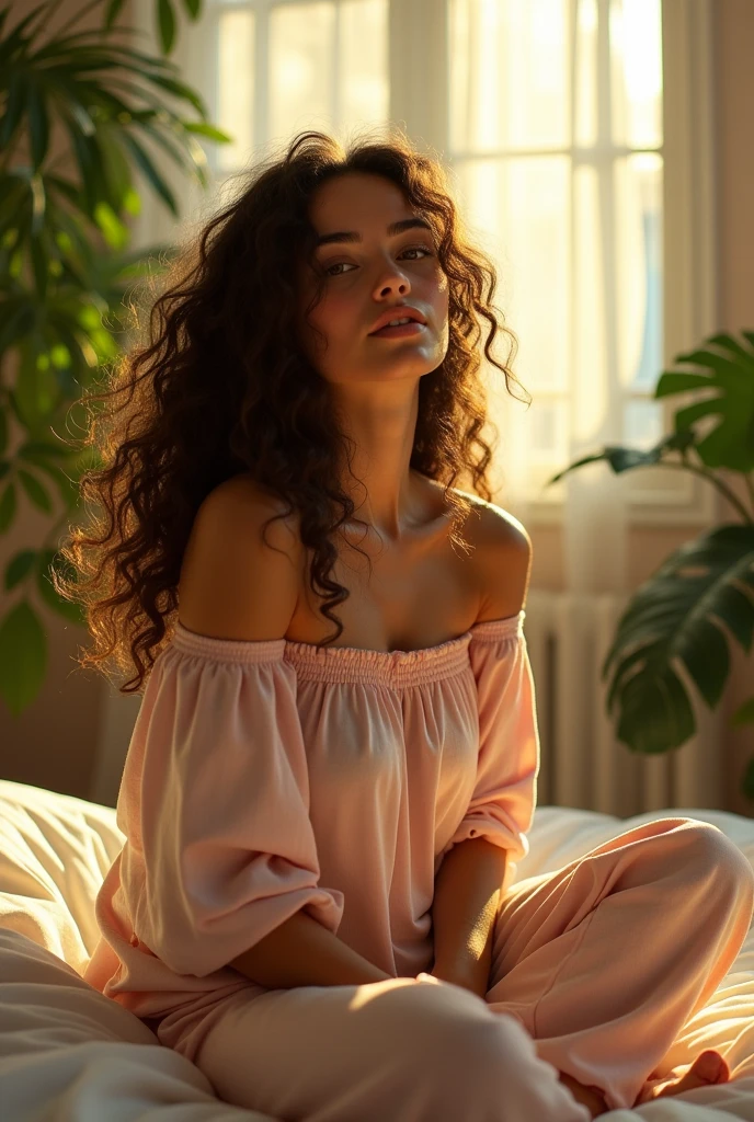 (photorealism:1.2), beautiful woman, sitting on bed, wearing loose off-shoulder top, pajama pants, long curly hair, indoors, soft lighting, plants in background, window with sunlight, cozy room, relaxed pose, realistic, intricate details, warm colors, by Greg Rutkowski, by Alphonse Mucha