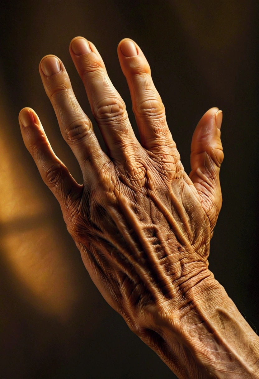 Hand, Close-up of Hands, a close-up portrait of a person's hands, detailed skin texture, veins, wrinkles, delicate fingers, intricate gestures, warm lighting, soft focus, cinematic composition, dramatic chiaroscuro, hyper-realistic, rich tones, oil painting, masterpiece, best quality, very aesthetic, absurdres