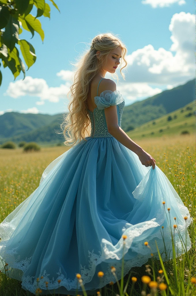 A woman between 17-19 years old who has features similar to Elle Fanning having blonde hair and blue eyes and who wears a blue princess-style dress or pompous Seam, big and beautiful 