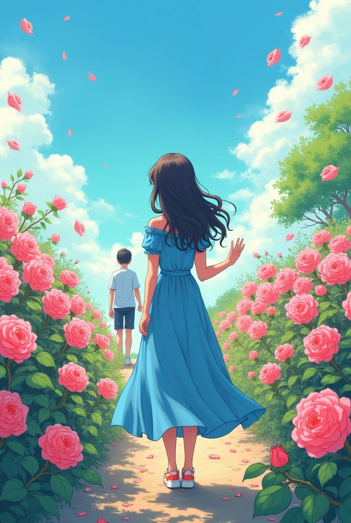 Comic of three templates that deals with a 22-year-old girl in a blue anime-style dress that deals with a farewell. She is facing away and waving goodbye to a boy walking away., And the girl is among roses