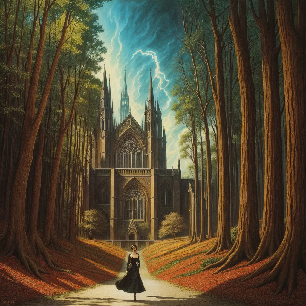 golden hour, paranormal activities, surreal portrait of a beautiful laughing young woman with face of Audrey Hepburn morphed with Anne Hathaway screaming running away from taxes and dancing, colorful forrest with weird trees, cathedral made of trees, bambus pipe organ, gigantic birthday cake monster morphed with tornado whirlpool, psyhodelic horror mood, color pencil art in style of zdzisław beksiński