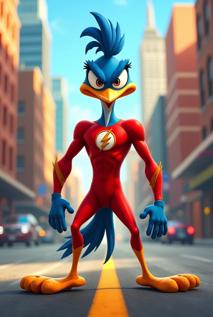 Make the roadrunner from looney toons with flash's suit in humanoid form (that he has the head of the roadrunner and is in 3d pixar style)