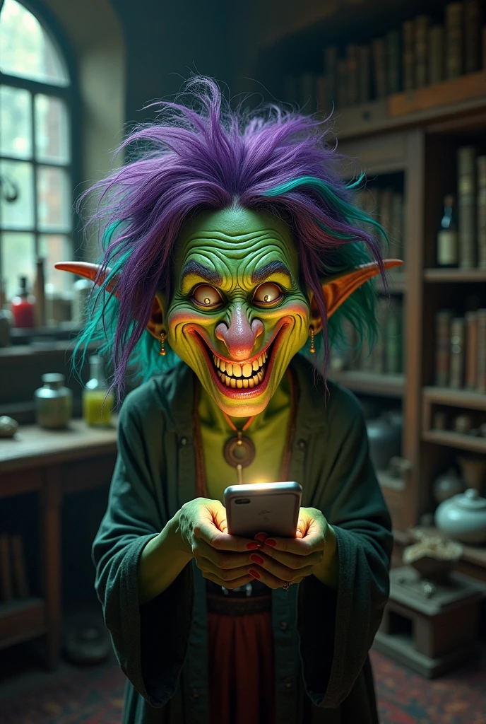 A funny and ugly witch, looking at a smartphone. The witch needs to be very ugly, be smiling and have some teeth missing.