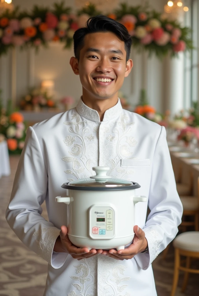 Original photo of an Indonesian young man wearing traditional white Indonesian wedding attire. hugging a white automatic rice cooker with buttons and lights Indonesian wedding scene Ultra-realistic 8K photo, shot with Leica Q2, strong color contrast and sharp clarity --ar 1:1 --quality 2 --