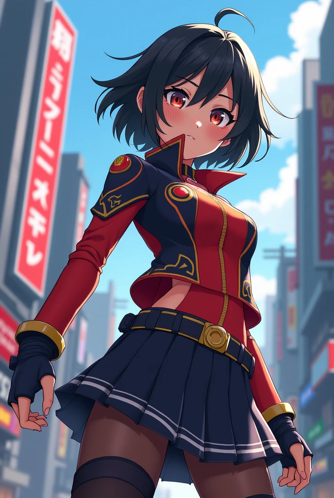 A girl with short black hair wearing a Boku no Hero anime-style uniform