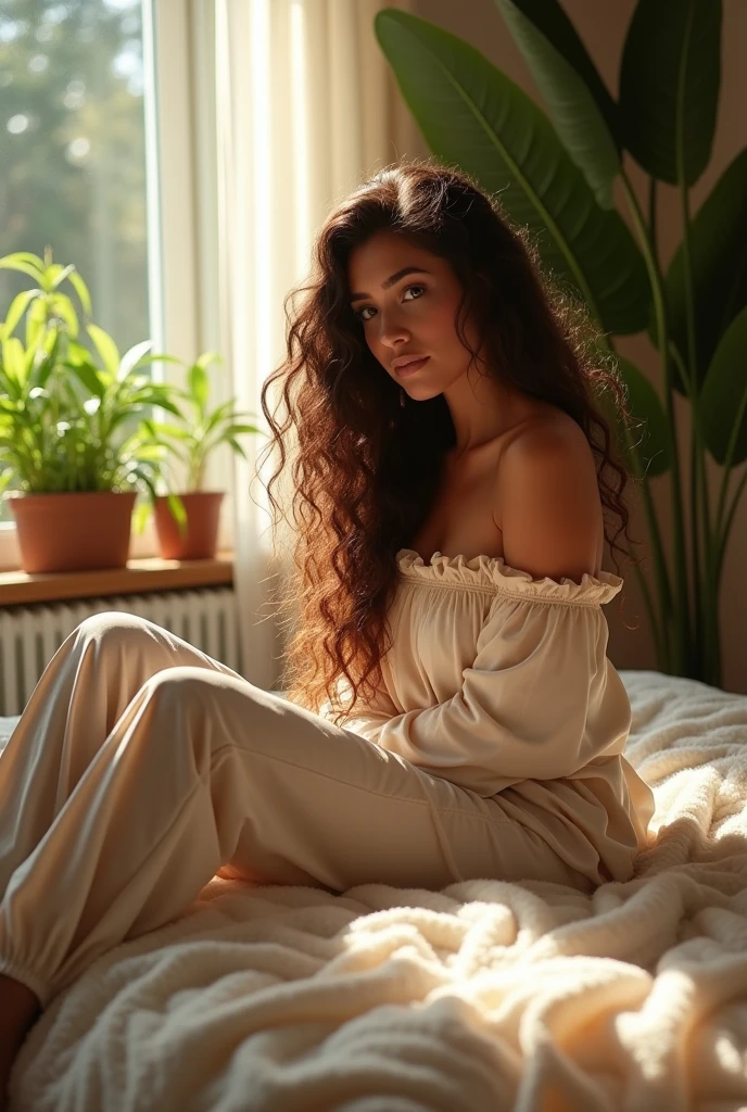 (photorealism:1.2), beautiful woman, sitting on bed, wearing loose off-shoulder top, pajama pants, long curly hair, indoors, soft lighting, plants in background, window with sunlight, cozy room, relaxed pose, realistic, intricate details, warm colors, by Greg Rutkowski, by Alphonse Mucha