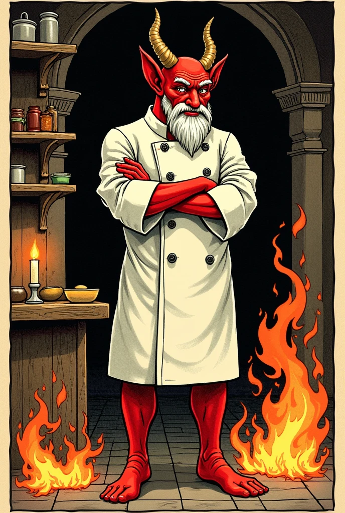 Vintage tarot card illustration with few colors. It depicts a red devil wearing a chef's jacket with small horns, elf-like ears (but small and proportionate), and a beard. He has the appearance of an Italian businessman, with a white beard, crossed arms, goat feet, and is surrounded by fire. He has a knowing and arrogant look. The kitchen setting is very mystical and reminiscent of the past. 