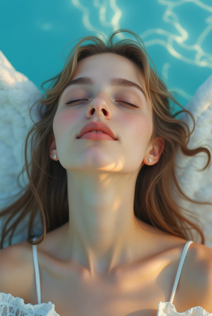 Face front and tilted upwards, young woman, angelic, tender, innocent, female, beautiful and delicate, the face is front and tilted as if wanting to look up, dark blonde hair, White skin, closed eyes, expression of peace and happiness, very saturated colors, front face