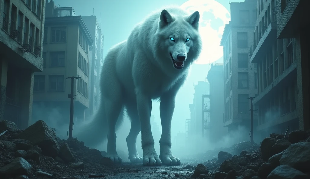 punctuation_9, punctuation_8_High above, punctuation_7_High above, break, LPB, white werewolf, amorphous, blue colored eyes, zombie's, full body shown