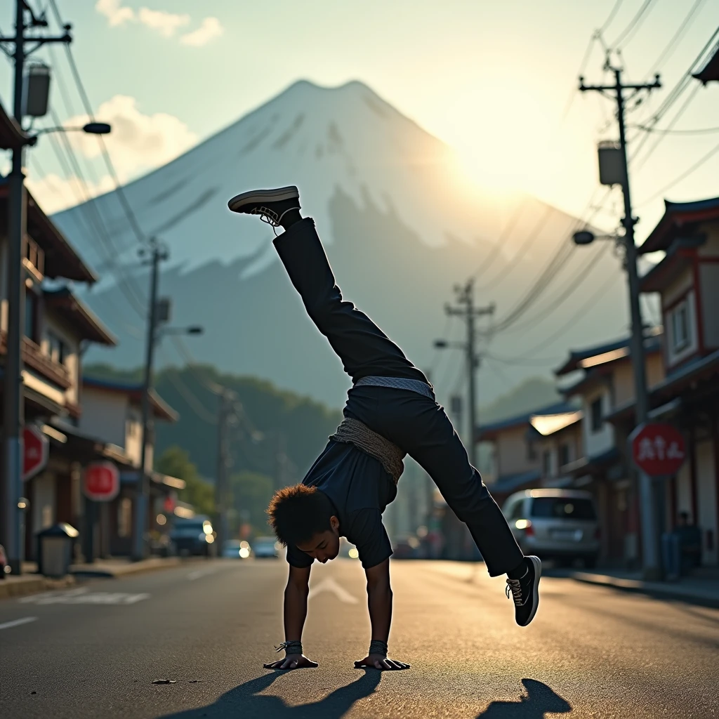 Japanese Bboy dressed in hip hop clothes, executing a breakdance backflip in front of the buildings, with the volcano in sharp focus and the background blurred, creating a cinematic atmosphere. The bboy's pose should convey strength and dynamism, contrasting with the serenity of the mountain. dramatic lighting, with sun rays hitting the bboy and Mount Fuji, Enhancing the Scene. Visual Style: アニメ, cinematographic, realisitic.