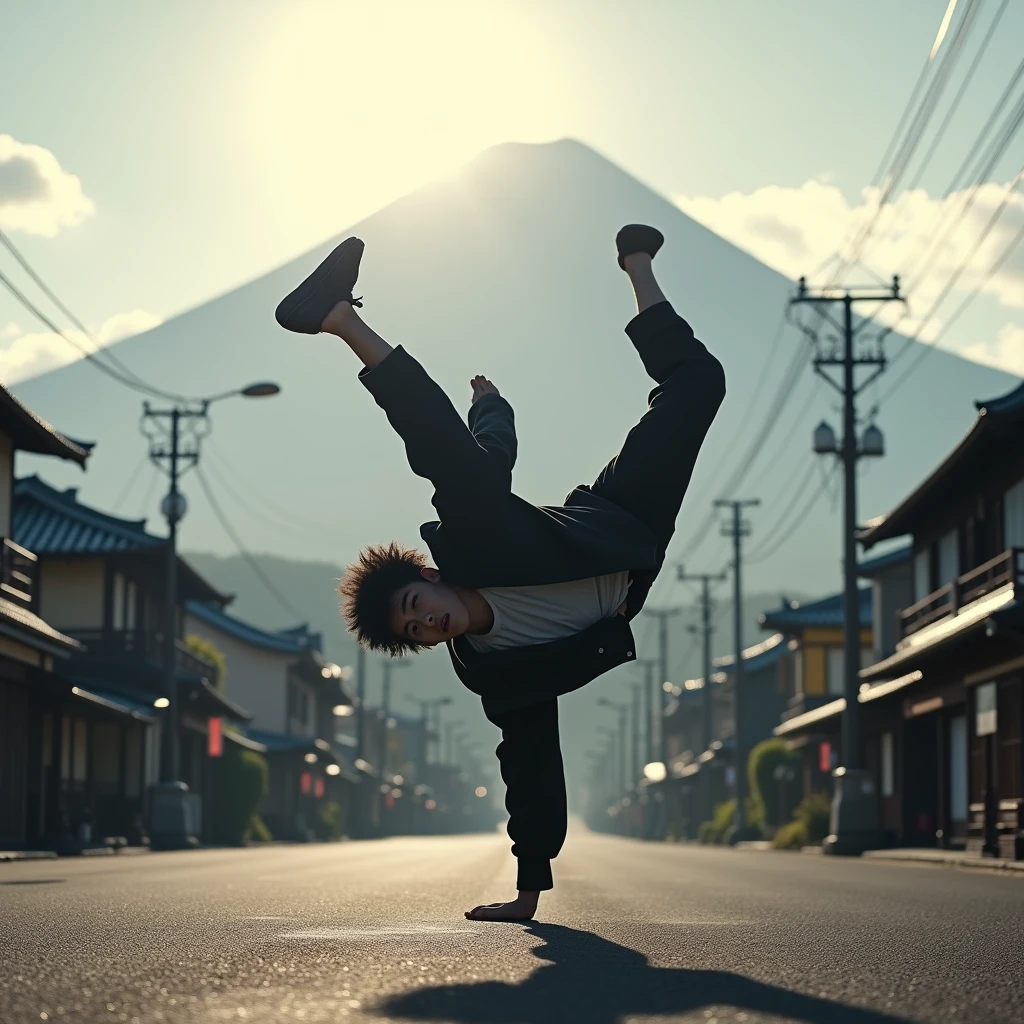 Japanese Bboy dressed in hip hop clothes, executing a breakdance backflip in front of the buildings, with the volcano in sharp focus and the background blurred, creating a cinematic atmosphere. The bboy's pose should convey strength and dynamism, contrasting with the serenity of the mountain. dramatic lighting, with sun rays hitting the bboy and Mount Fuji, Enhancing the Scene. Visual Style: アニメ, cinematographic, realisitic.