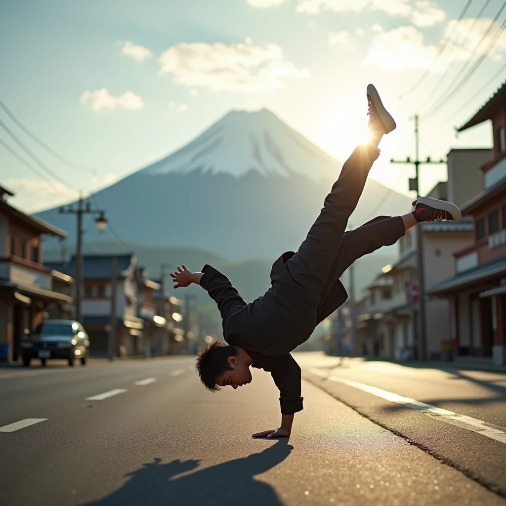 Japanese Bboy dressed in hip hop clothes, executing a breakdance backflip in front of the buildings, with the volcano in sharp focus and the background blurred, creating a cinematic atmosphere. The bboy's pose should convey strength and dynamism, contrasting with the serenity of the mountain. dramatic lighting, with sun rays hitting the bboy and Mount Fuji, Enhancing the Scene. Visual Style: アニメ, cinematographic, realisitic.