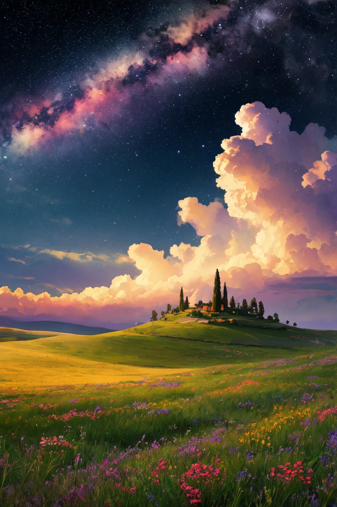 Celestial Meadow Fantasy Wallpaper in 4K quality, ethereal watercolor style, featuring a vast, open meadow under a sky painted with swirling nebulae and distant galaxies, delicate wildflowers glowing softly in the moonlight, and floating islands hovering above the horizon; cool blues and purples blending with warm golden hues, a tranquil, otherworldly ambiance, no human characters, dreamy and expansive mood --v 5 --stylize 1000