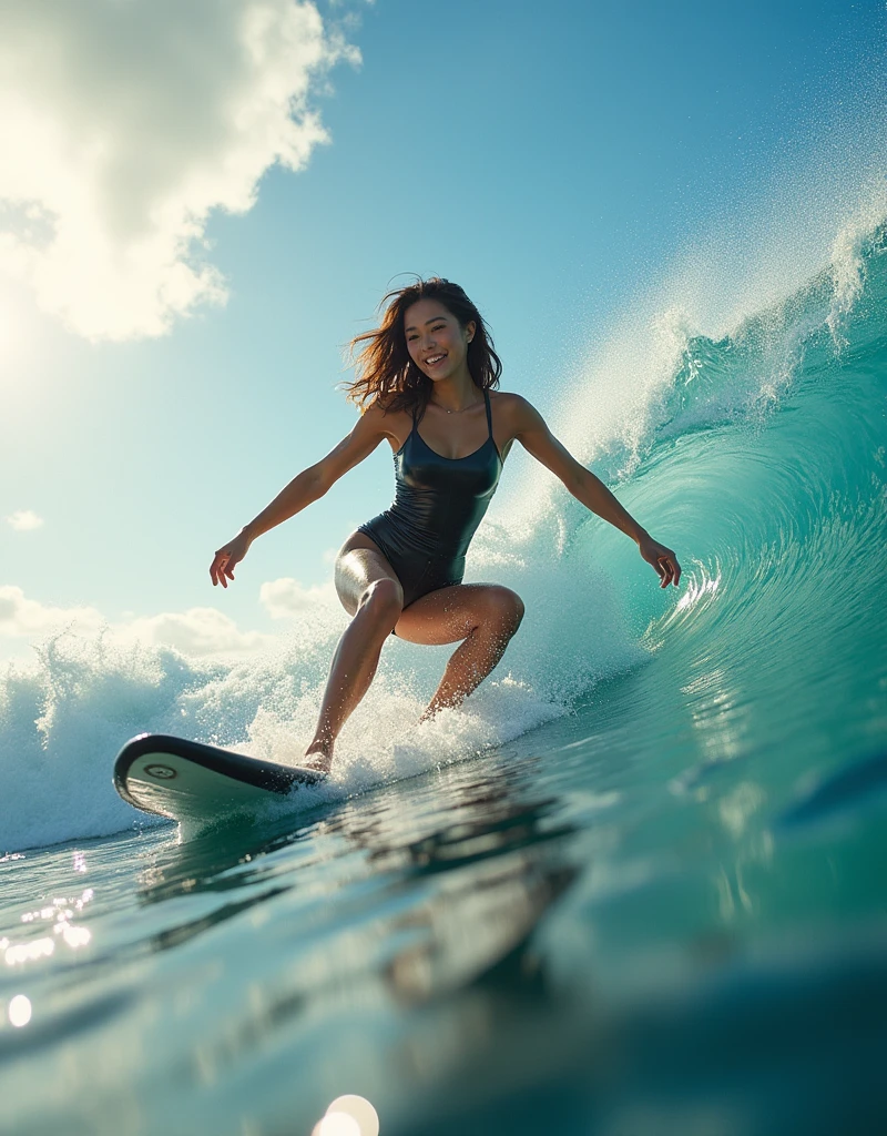 ultra-realistic, photorealistic, 20 years old Japanese famous idol girl, very beautiful Japanese but professional surfer, full-makeup, surfing on the huge wave at sea, dynamic surfing pose, masterpiece, (breasts focus:1.3), beautiful eyes, wearing a stylish wetsuits for surfing, long surf board, very large breasts, beautiful face, smile