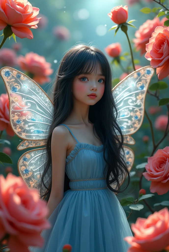 
A girl, transparent butterfly wings, long black hair, blue dress, white skin tone, big blue eyes, the place is large roses