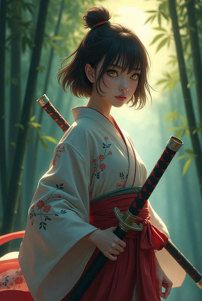 Girl of approximately 18 years old,Short brown hair in layer,yellowish brown eyes,loose hair,traditional Japanese costume,They use two katanas, serious expression,estilo ufotable kimetsu no yaiba,