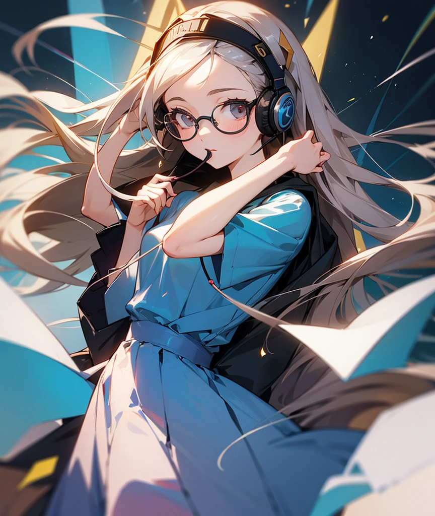 A cute 20 years old girl , wearing long frock and long hair , glasses and headphone on head