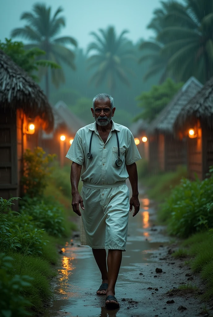 Reaching the Village: Dr. Sudhir wearing white apron and stethoscope arriving back in the village, visibly drenched and fatigued.