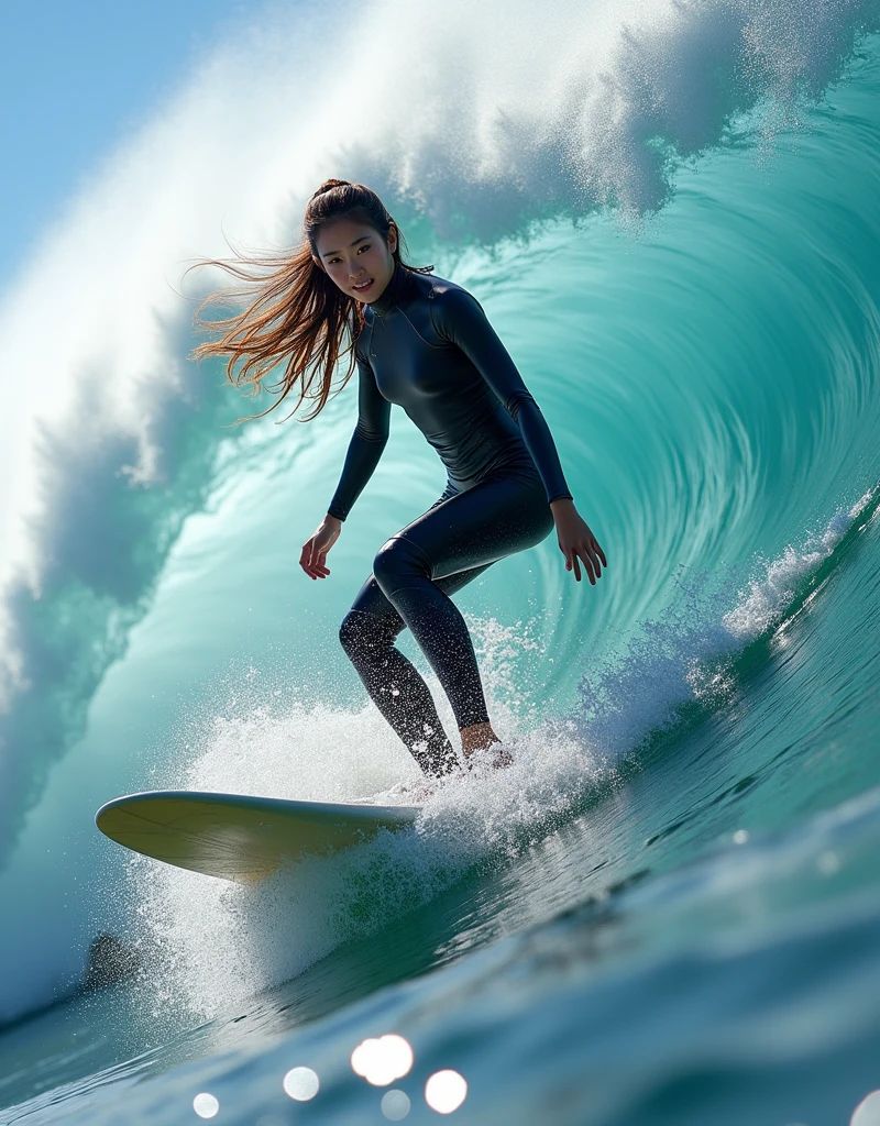 ultra-realistic, photorealistic, 20 years old Japanese famous idol girl, very beautiful Japanese but professional surfer, full-makeup, surfing on the huge wave at sea, dynamic surfing pose, masterpiece, (breasts focus:1.3), beautiful eyes, wearing a stylish wetsuits for surfing, long surf board, very large breasts, beautiful face, smile