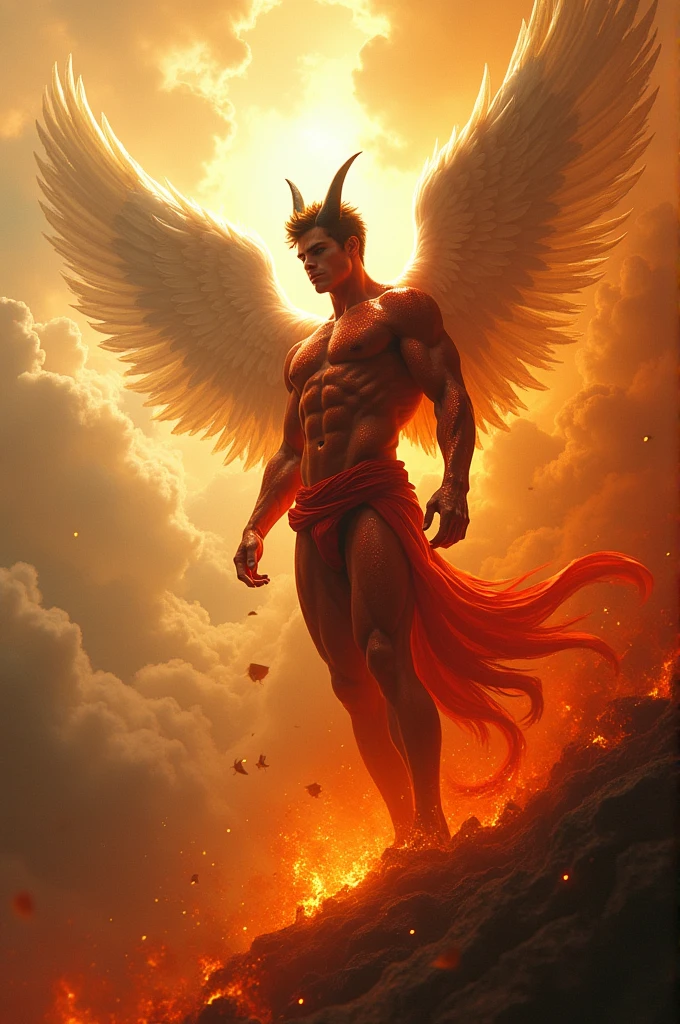 A male angel in heaven and a male demon in hell, both shirtless