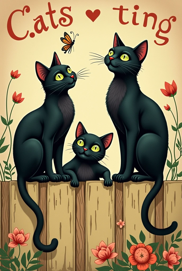 Vintage style advertising illustration of black cats, hand drawn