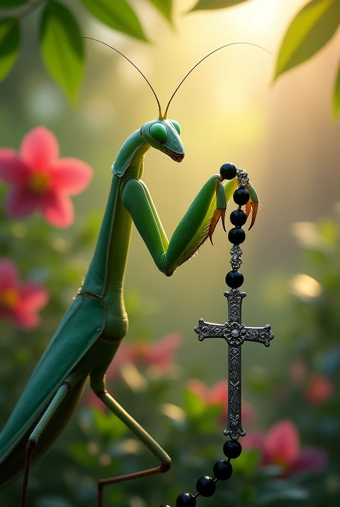 Mantis with a black rosary with a cross at the end of it holding it in its paw