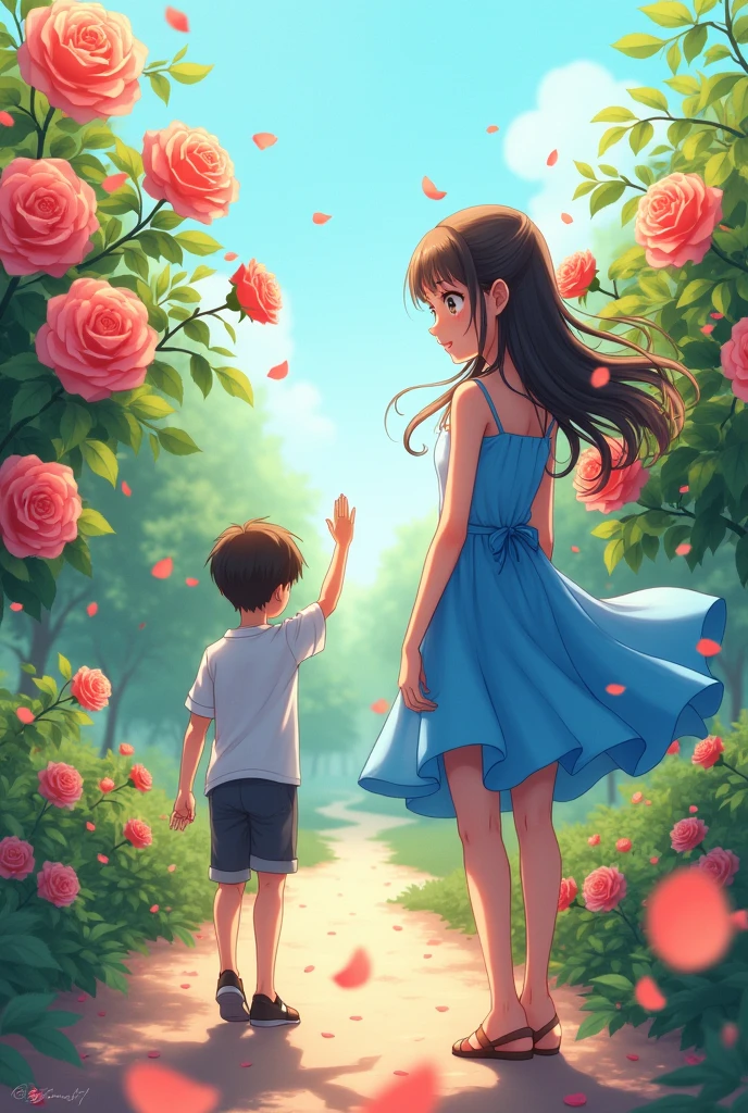 Give me a three-panel comic with lettering that depicts a 22-year-old girl in a blue anime-style dress saying goodbye. She should be facing away from the viewer and waving goodbye to a boy who is walking away., And the girl is among roses 