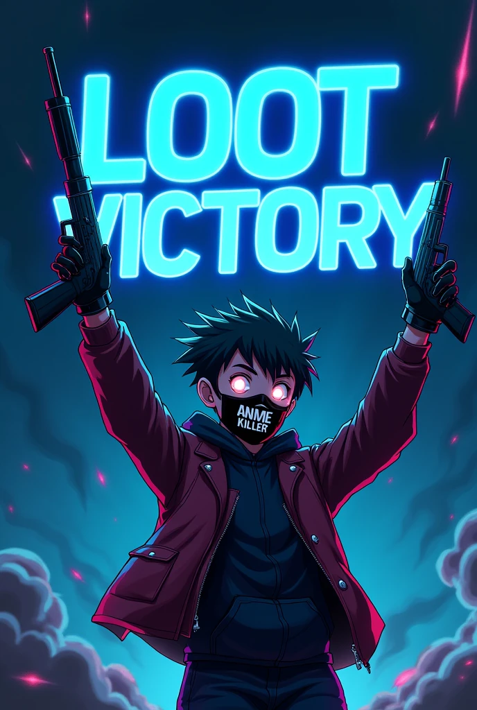 This is a garning logo that features the name "Loot Victory" in a futuristic font and a neon blue color. and Boy character wear  a mask on his  face with written Anime killer The logo also has a stylized anime and smoke in the background and boy is catching a sub machine gun with hands up stylish. The logo is designed to be attractive and eye-catching, and to appeal to gaming enthusiasts and YouTube .