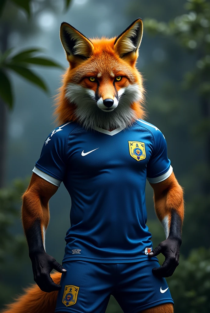 A fox with werewolf characteristics: olhar furioso,robust and muscular body, with fur that mixes the pattern of a fox and wilder details. Dress it with a Cruzeiro Esporte Clube shirt, what is blue with five stars on the left side of the chest imitating the Southern Cross, with white details. The uniform should look fitted to the fox's body, maybe with some torn parts to fit the werewolf style. Add details like sharp claws and an intense look for a more dramatic touch.