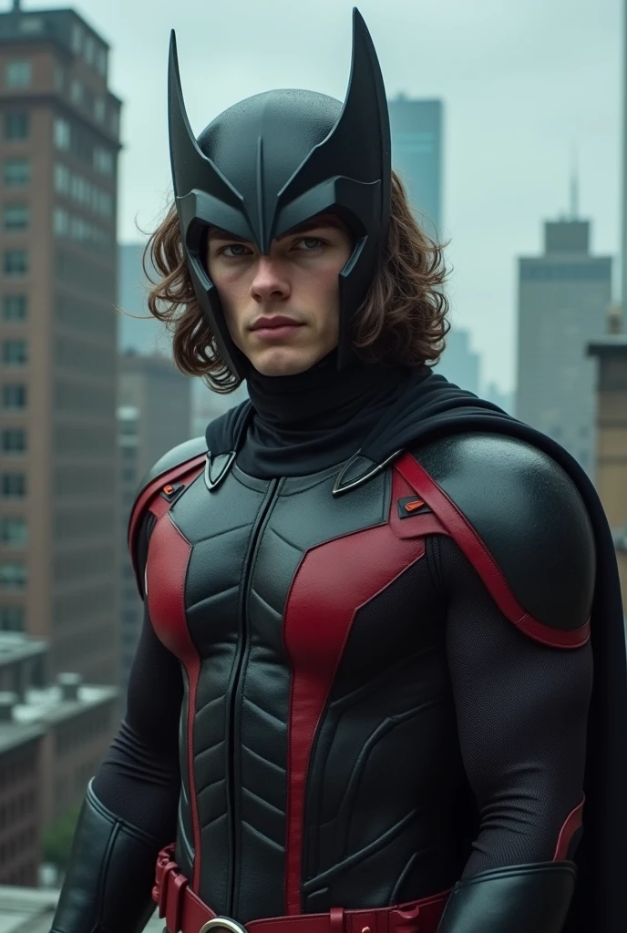 Man of approximately 25 years of age, pale skin, brown eyes, somewhat long and slightly curly brown hair, thin nose,wearing a superhero costume similar to Magneto's costume from "X-men",In the style of the series "The Boys" 
