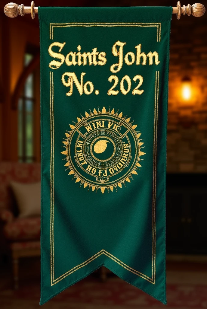 Banner for a lodge in green moiré fabric containing in the upper part the inscription in Latin in gold letters: "Saints John" No. 202, below the text, indefectibly the design of two bars or lateral lines in vertical position from left to right and in the middle of them a circle with a dot in the center