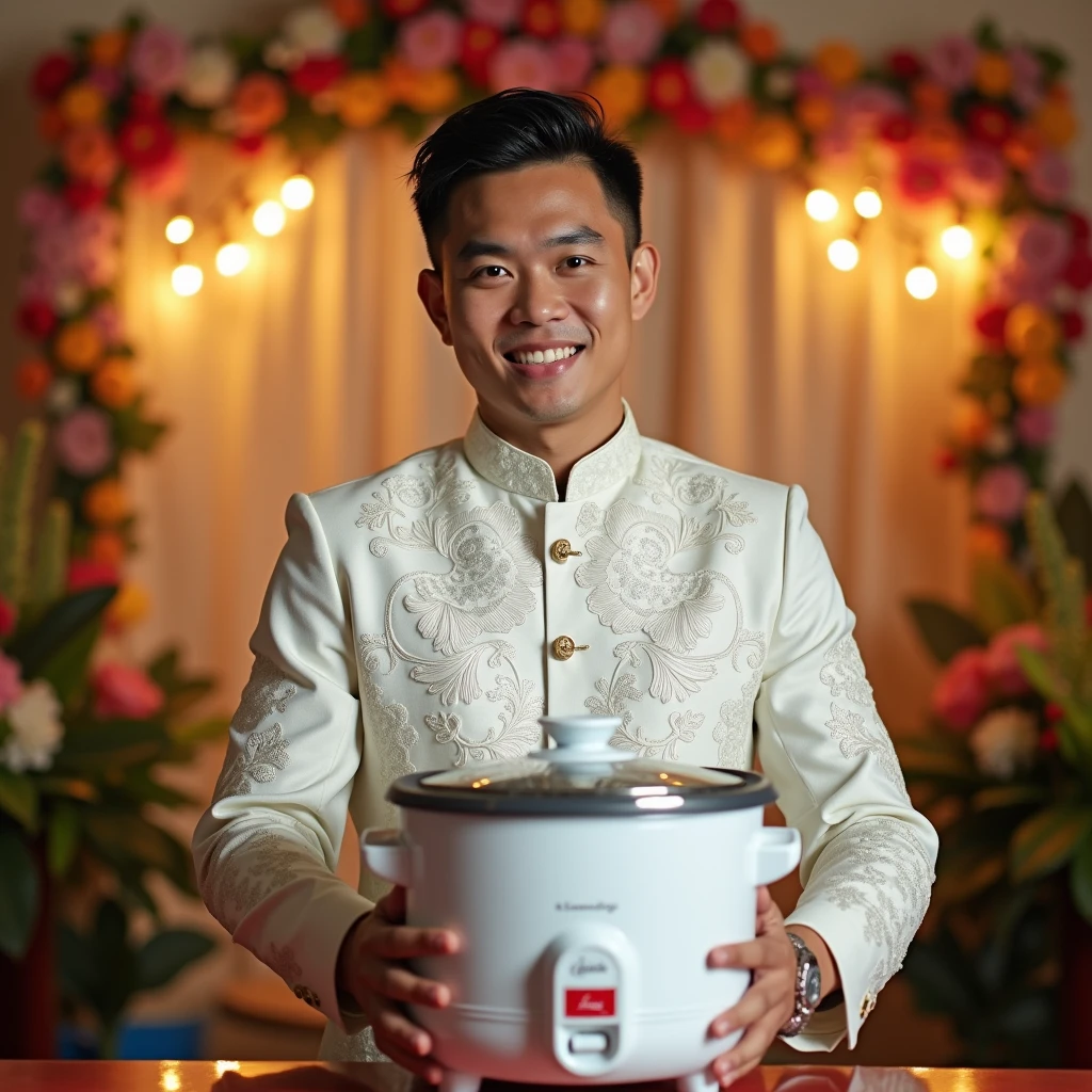Original photo of an Indonesian young man wearing traditional white Indonesian wedding attire. hugging a white automatic rice cooker with buttons and lights Indonesian wedding scene Ultra-realistic 8K photo, shot with Leica Q2, strong color contrast and sharp clarity --ar 1:1 --quality 2 --