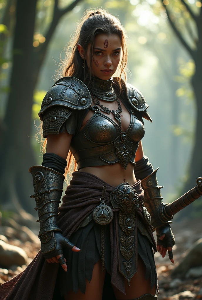 a dwarf female warrior, detailed armor, detailed sword, battle-worn face, intense expression, muscular build, dynamic pose, rugged forest background, sunlight filtering through trees, cinematic lighting, muted color palette, (best quality,4k,8k,highres,masterpiece:1.2),ultra-detailed,(realistic,photorealistic,photo-realistic:1.37),concept art