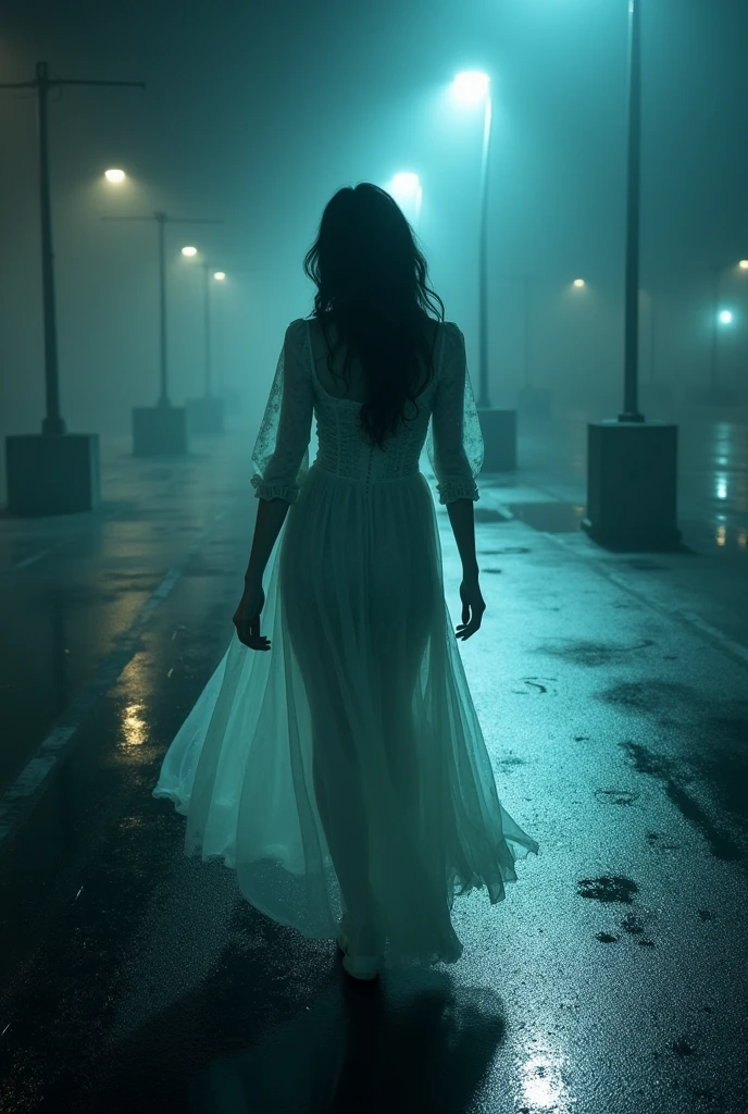 ghost woman in parking lot with small pillars on the ground