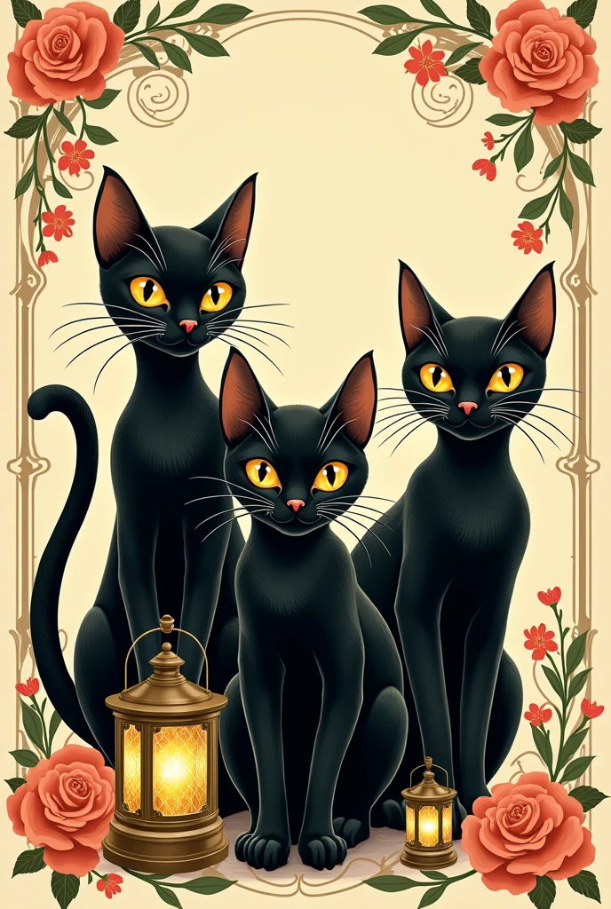 Vintage style advertising illustration of black cats, hand drawn