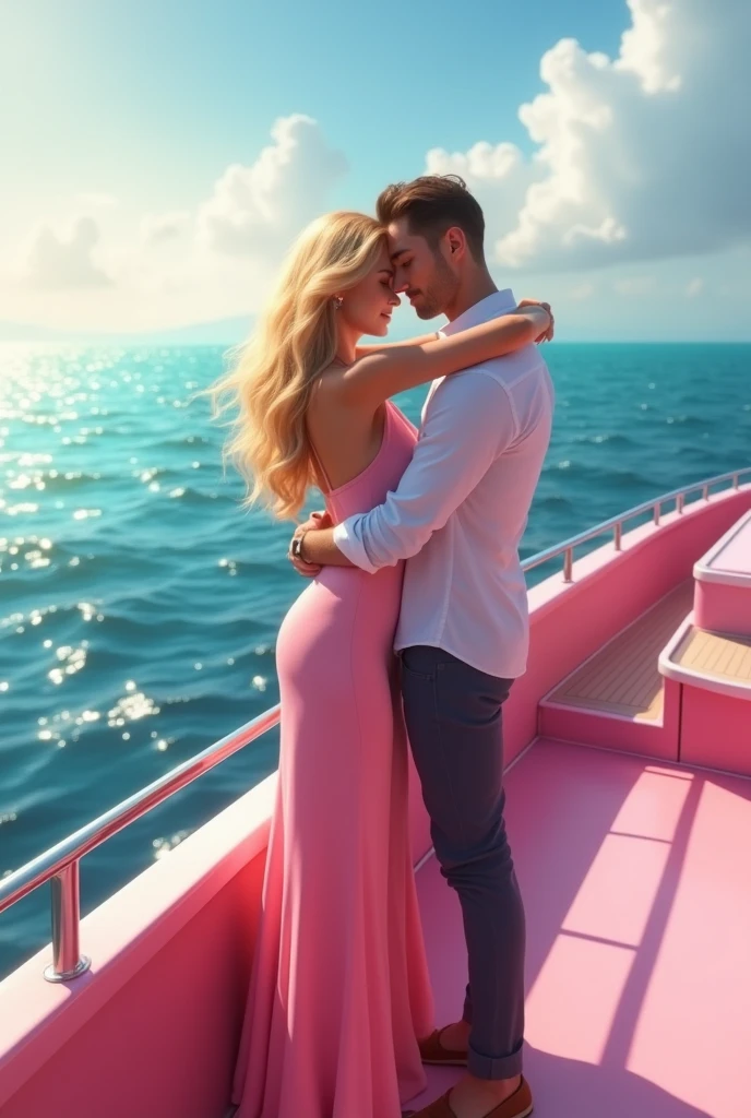 View of seeing from behind she's hug him beautiful thai asian face girl with so long blonde curly hair perfect y big boorfect big titsng model legs stand hug his perfect taller than her handsome boyfriend from behind hold him back after argument hug him from behind on big pink luxury yacht with huge blue ocean view see them both from behind they back the girl hug taller boyfriend tell him sorry Dont see they face hug him from behind back make this same picture look like HD animation movie she hug taller boyfriend from behind dont see they face 