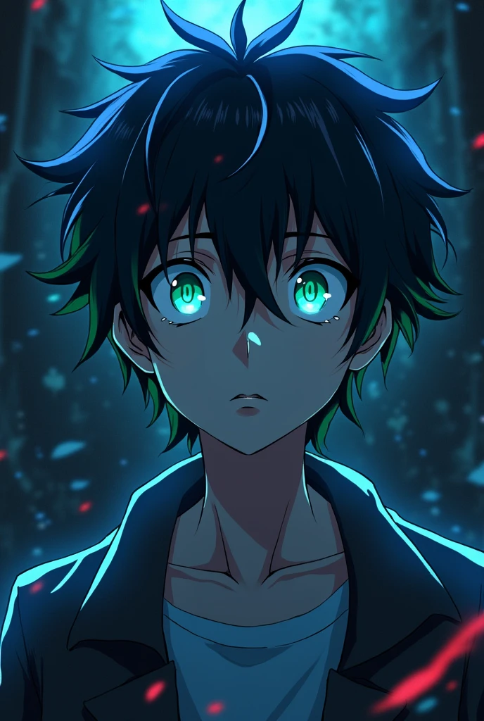 Generate a anime art of souske hibari, a highly intelligent teenager with black hoodie, . His lazy blue eyes filled with apprehension  He had raven hair with neon green undertones
He staring at ragyo kiryuuin, his biological mother 