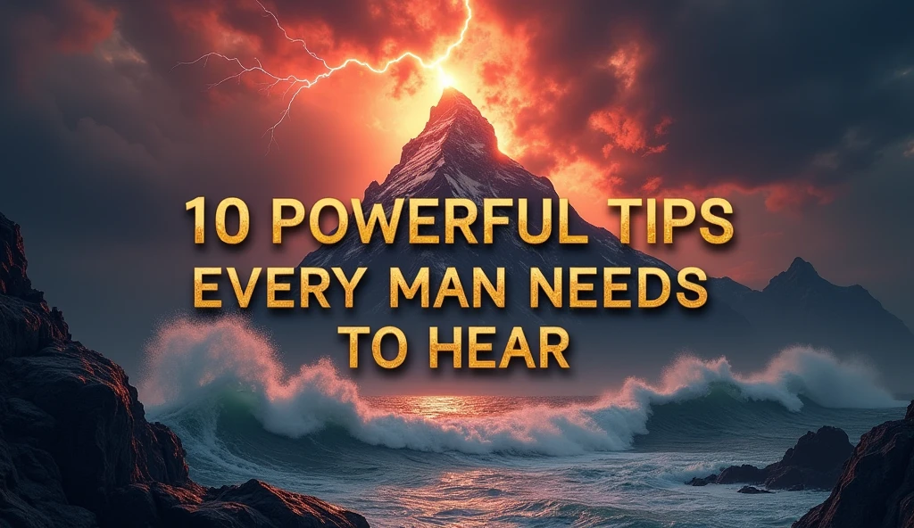 "Create an electrifying title image with the text '10 Powerful Tips Every Man Needs to Hear' in a bold, dynamic font. The background should feature intense visuals like a lightning strike, roaring waves, or a mountain peak emerging from the clouds, symbolizing strength and transformation. Use a high-contrast color scheme with deep blacks, vibrant reds, and metallic golds to make the text pop and convey urgency. The layout should be energetic and attention-grabbing, ensuring the title commands immediate focus."
