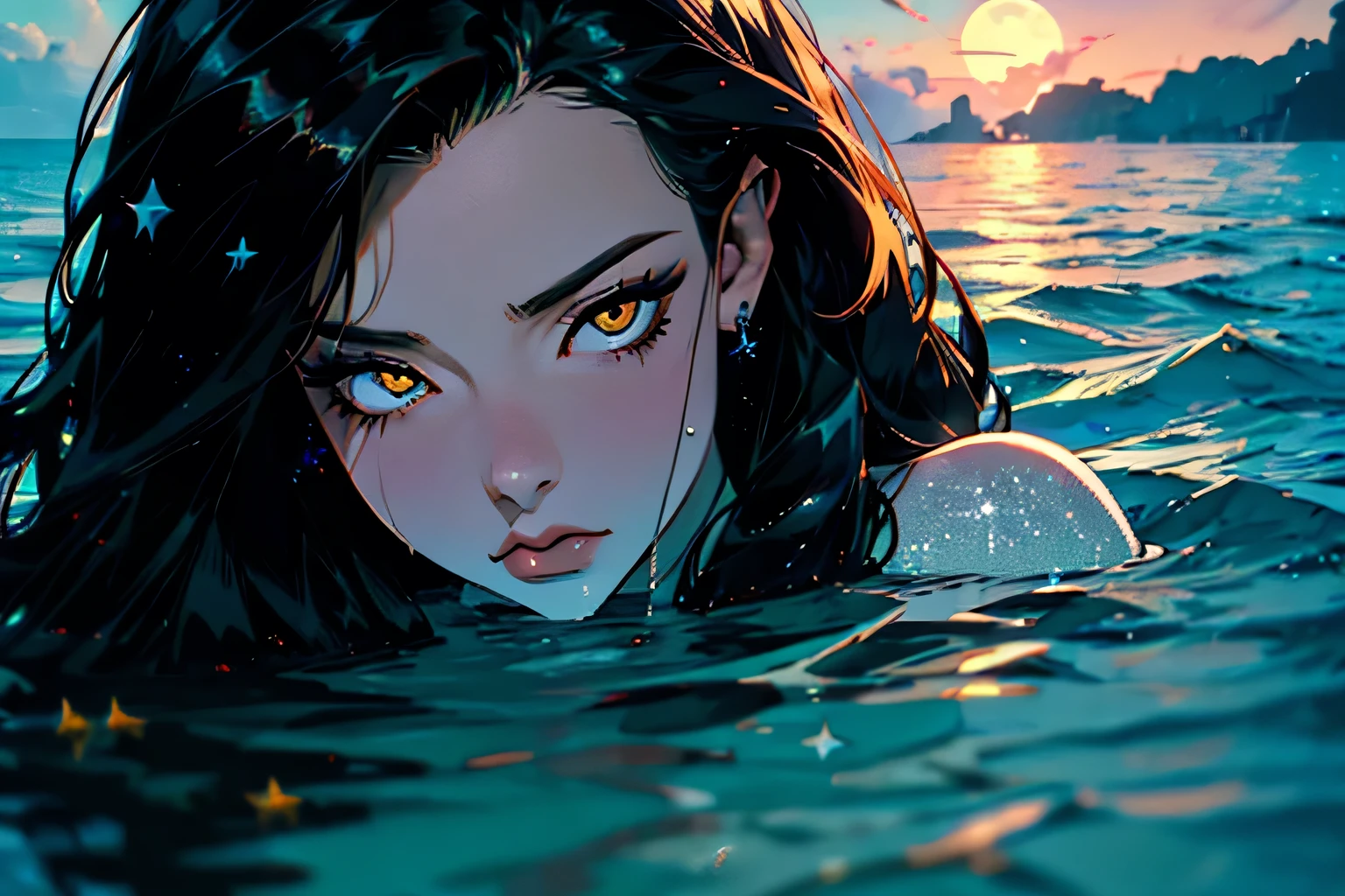 hyper-realistic of a mysterious woman with dark hair, piercing yellow eyes, upper body, submerging in water, (ocean), (night with stars)