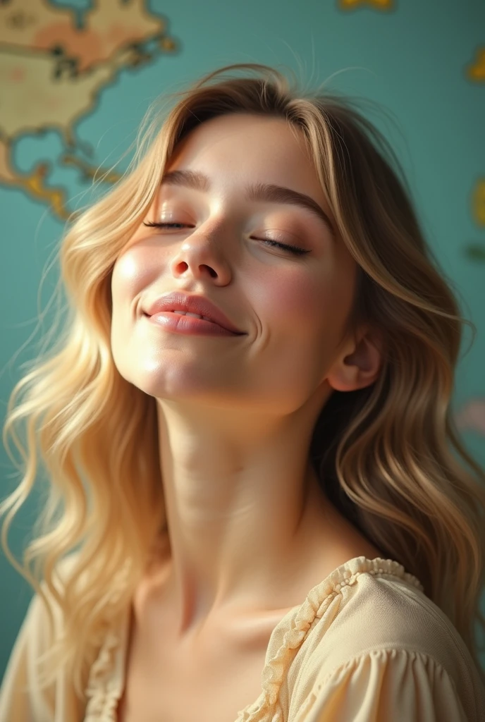 Face front and tilted upwards, young woman, angelic, tender, innocent, female, beautiful and delicate, the face is front and tilted as if wanting to look up, dark blonde hair, White skin, closed eyes, expression of peace and happiness, very saturated colors, front face