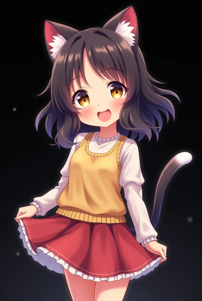 ear blush, by rubio, by the wide, swept bangs, Non-matching pupils, Sanpaku, cat ears, smile, animated style, tachi-e, High Definition, Black background, lifting skirt, Pussy